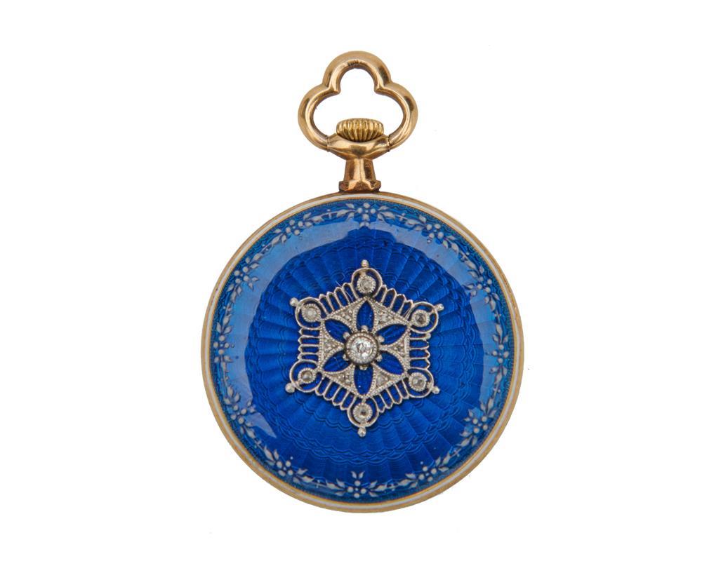 Appraisal: K Gold Enamel and Diamond Pendant Watch the gold-tone dial