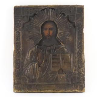 Appraisal: th Century Russian Hand Painted Wood With Tin Overlay Icon