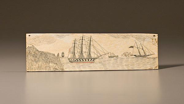 Appraisal: SCRIMSHAW PAN BONE WITH NAVAL BATTLE SCENE American ca -