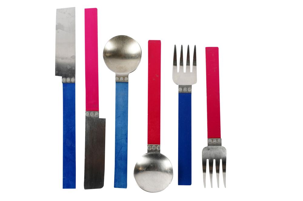 Appraisal: DAVID TISDALE SASAKI BLUE PINK METAL FLATWARE SERVICEsigned Sasaki -