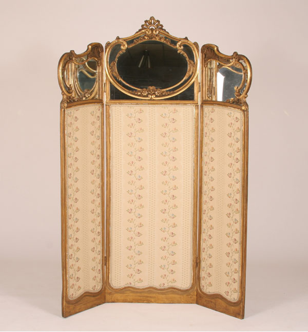 Appraisal: Continental three panel mirrored screen carved gilt framework with upholstered