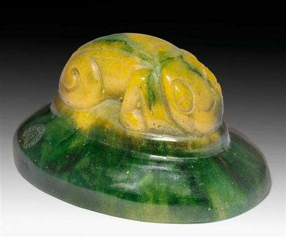 Appraisal: DECORCHEMONT PAPERWEIGHT circa Green moulded glass paste Signed D corchemont