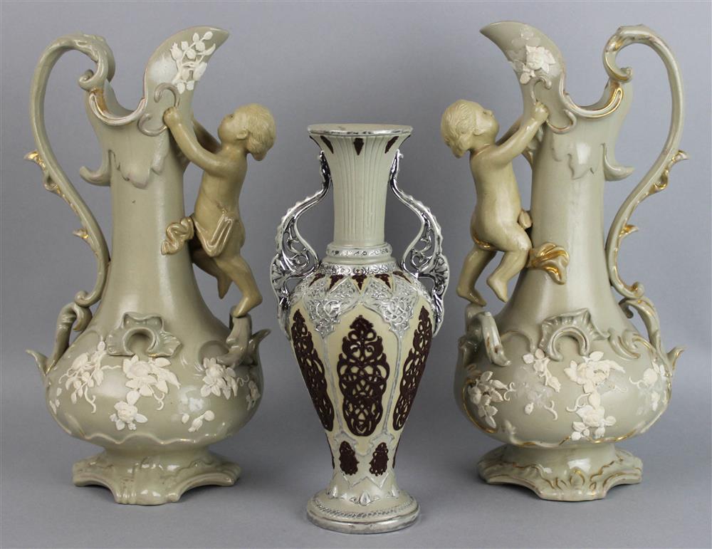 Appraisal: A VILLEROY AND BOCH STONEWARE VASE AND TWO UNMARKED EWERS