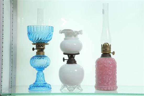 Appraisal: THREE MINIATURE LAMPS One is blue with a matching shade