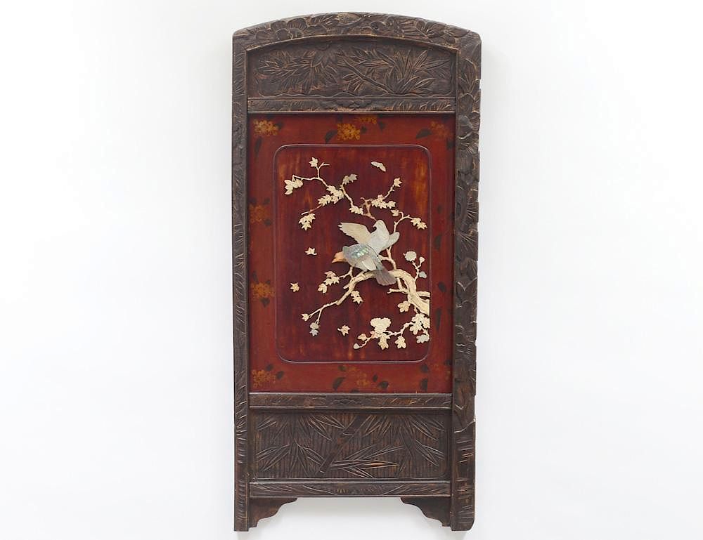 Appraisal: IVORY AND MOTHER-OF-PEARL OVERLAID LACQUERED PLAQUE Japanese th Century Depicting