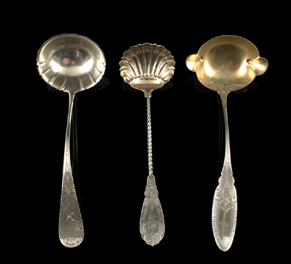 Appraisal: Three American Engraved Aesthetic -Style Sterling and Coin Punch Ladles