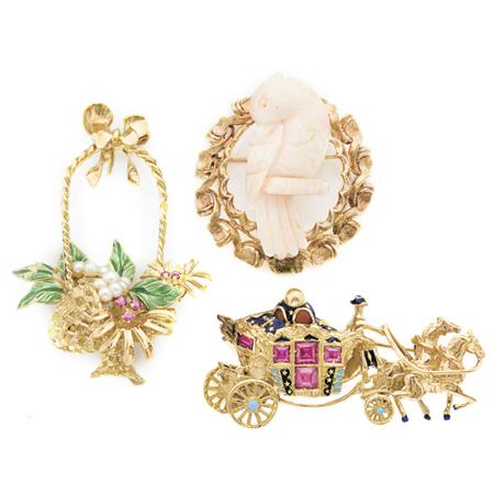 Appraisal: Three Gold and Stone Brooches Estimate -