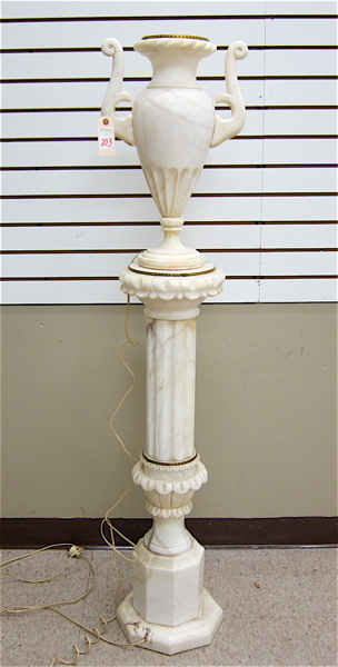 Appraisal: ALABASTER URN AND FLOOR PEDESTAL Italian th century the -handle