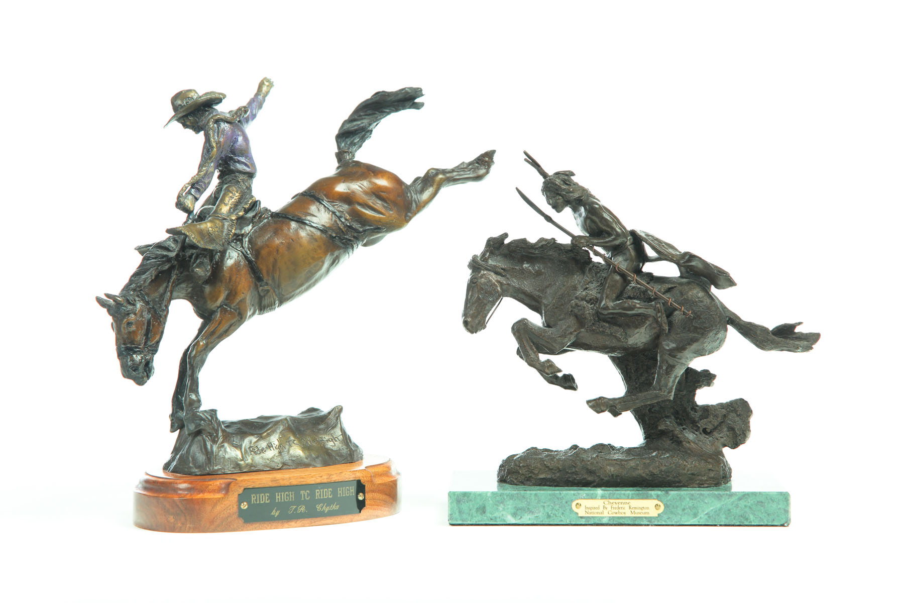 Appraisal: TWO BRONZES OF COWBOY AND INDIAN Twentieth century Cheyenne after