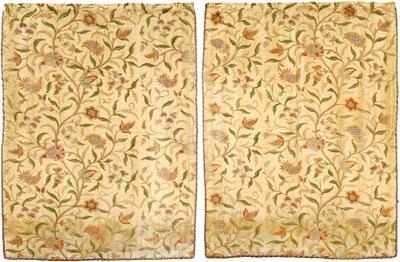 Appraisal: Pair crewelwork panels worked in polychrome wool yarns in curvilinear