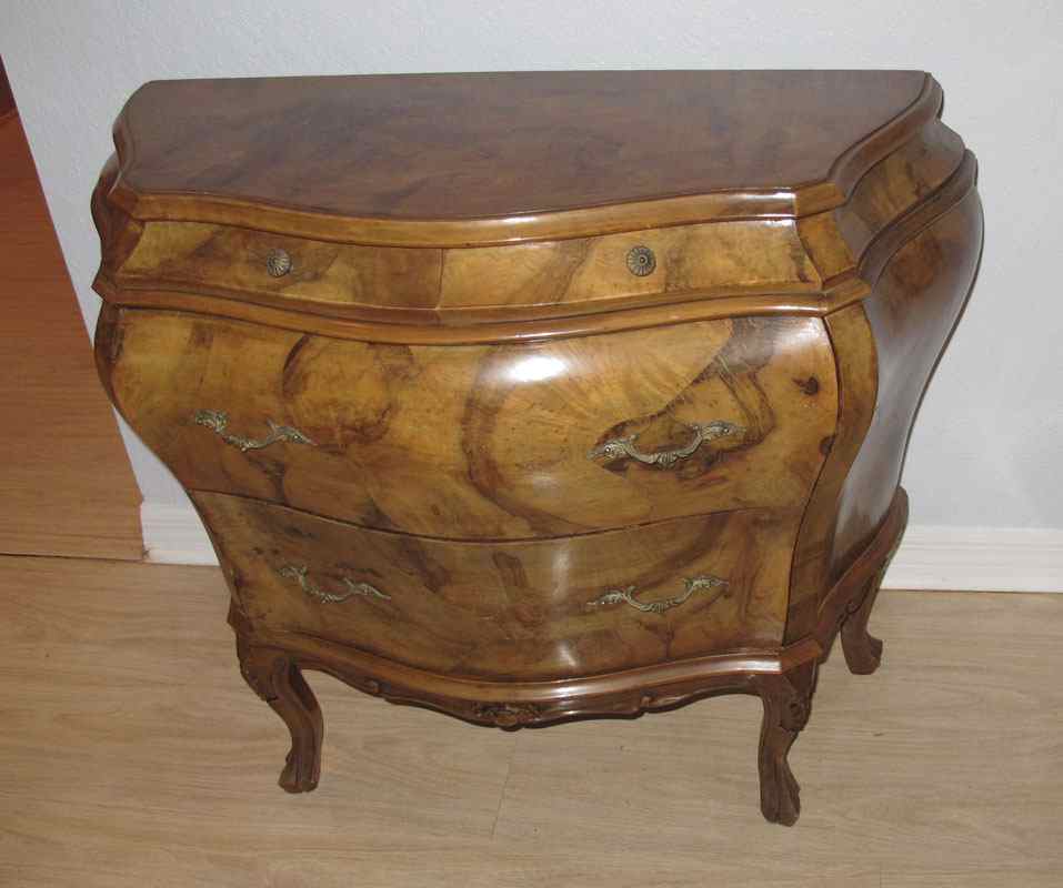 Appraisal: BURL VENEER BOMBE COMMODE Burl veneer with half drawers over