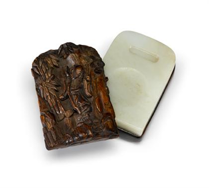 Appraisal: Fine Chinese whitish-celadon jade ink stone bamboo cover and hardwood