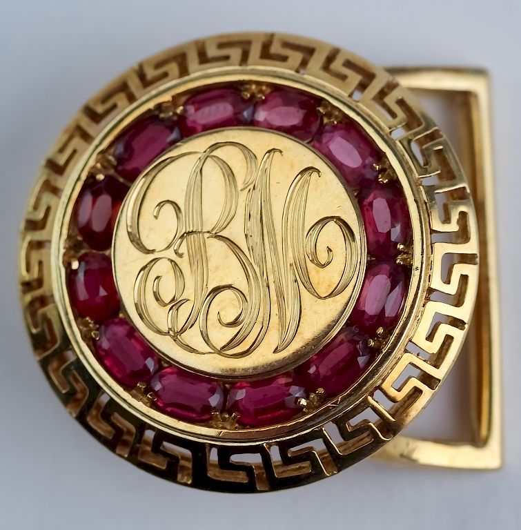 Appraisal: Art Deco K Solid Gold Ruby Greek Key Belt Buckle