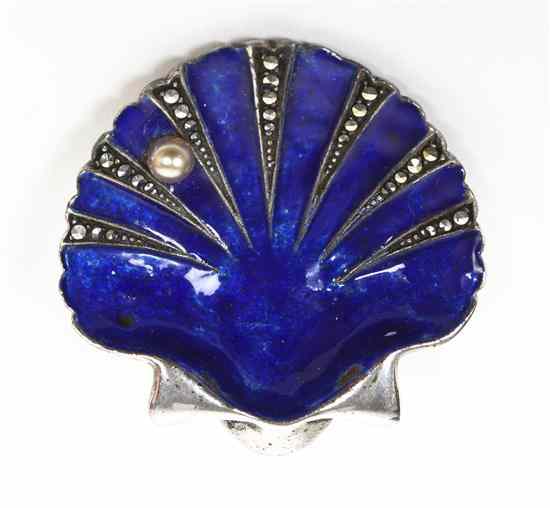 Appraisal: A Shell Form Sterling and Enamel Pin having one pearl