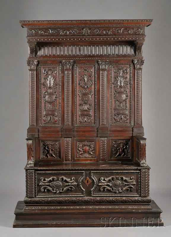 Appraisal: Italian Renaissance Walnut Cassapanca with tall backrest with leaf-carved cornice