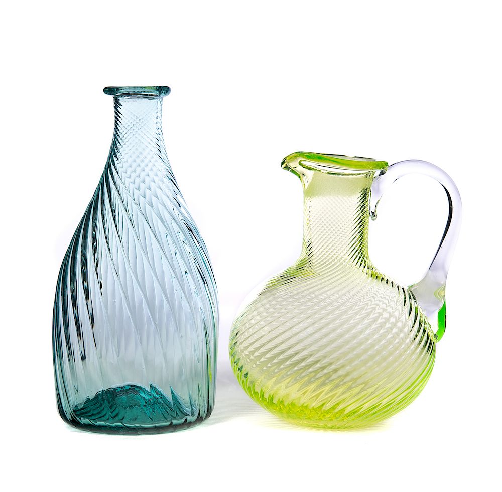 Appraisal: Early Threaded Glass Pieces One Zanesville rib bottle is from