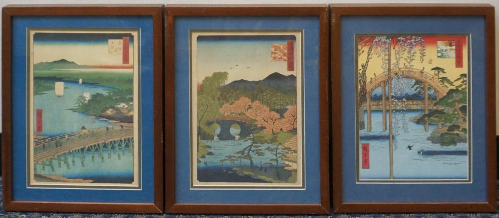 Appraisal: THREE JAPANESE COLORED WOODBLOCK PRINT LANDSCAPES FRAME OF EACH X