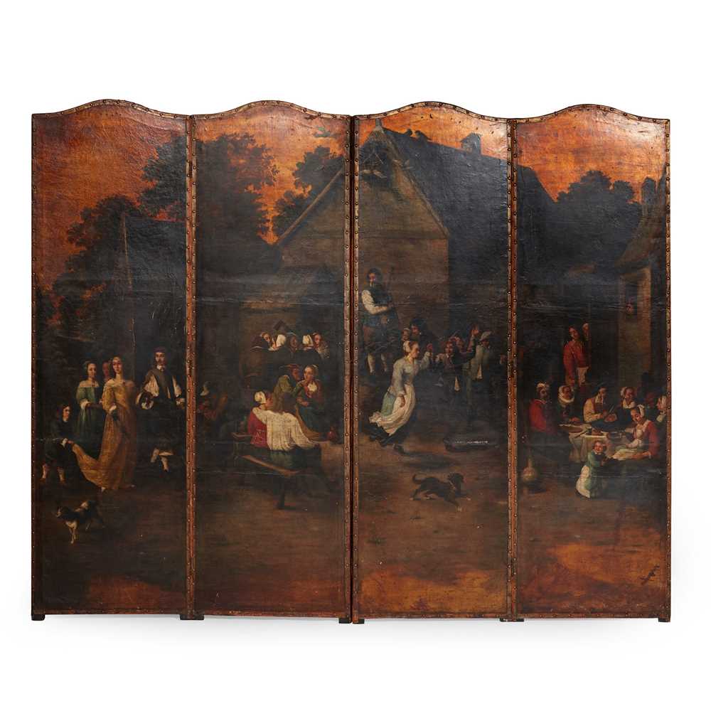 Appraisal: DUTCH PAINTED LEATHER FOUR-FOLD SCREEN EARLY TH CENTURY painted with