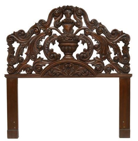 Appraisal: Hand-carved mahogany headboard late th c central urn with flowers