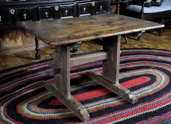 Appraisal: GRAY-PAINTED PINE TRESTLE TABLE The rectangular top over plank supports