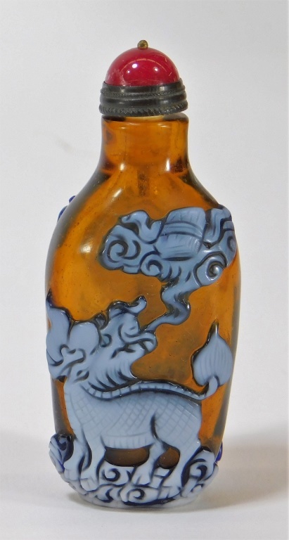 Appraisal: CHINESE AMBER PEKING GLASS CHILONG SNUFF BOTTLE China Early th