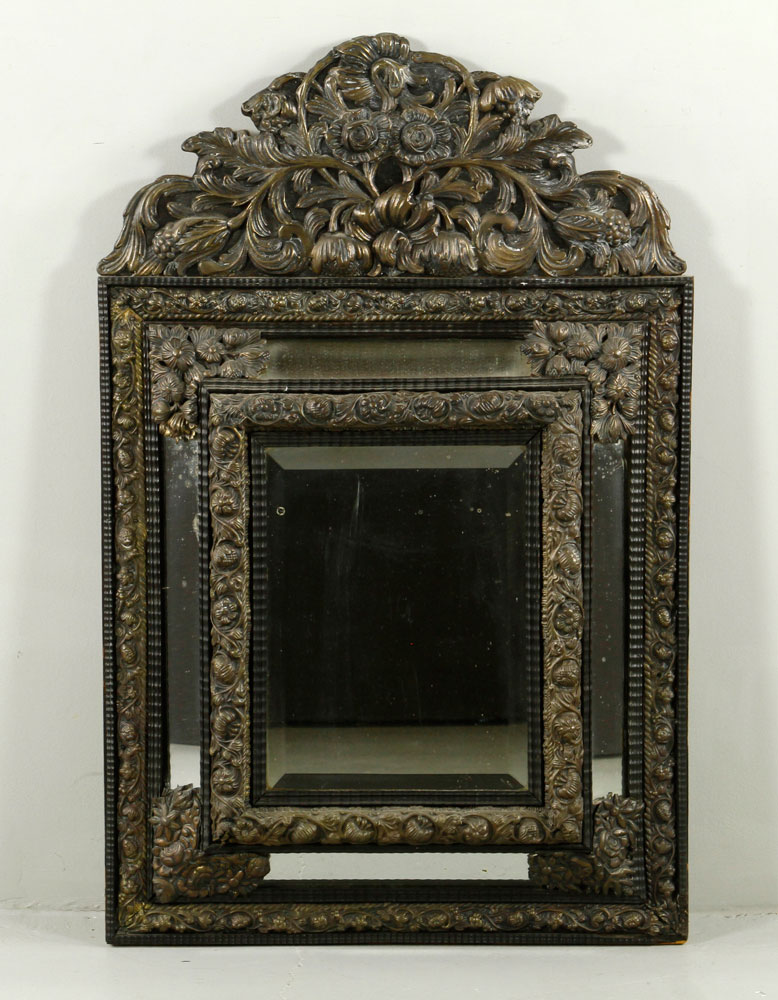 Appraisal: - Continental Metal Mirror Continental mirror embossed metal floral motif