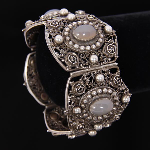 Appraisal: Peruzzi Florence Silver Filigree and Roses Bracelet with Moonstone Cabochon