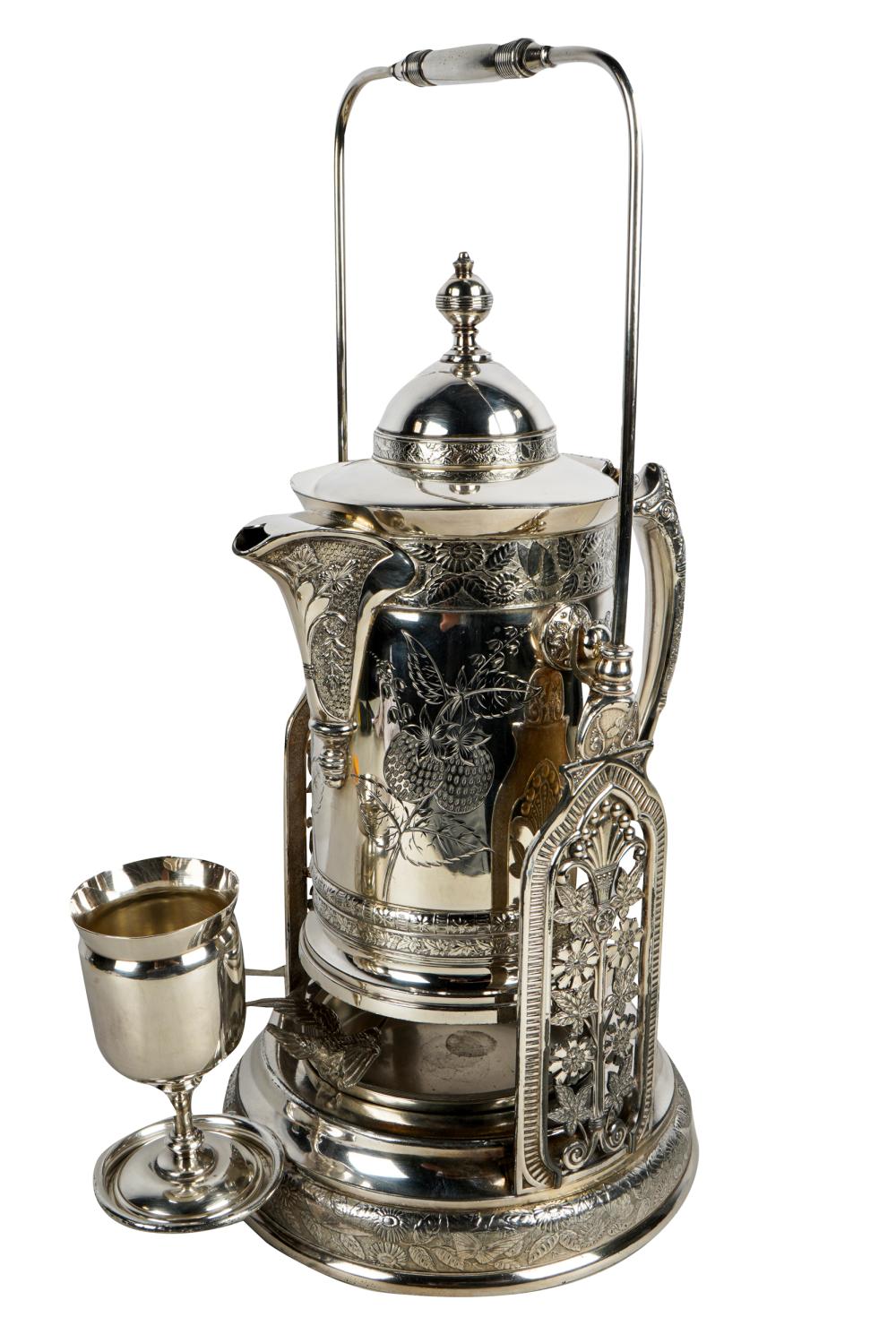 Appraisal: VICTORIAN SILVERPLATE KETTLE ON STANDtogether with a chalice inches high