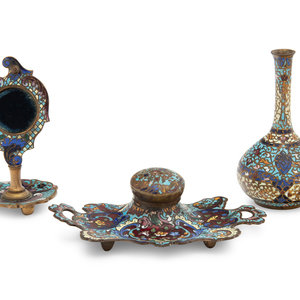 Appraisal: Four Continental Champlev Enamel Articles comprising a table mirror a