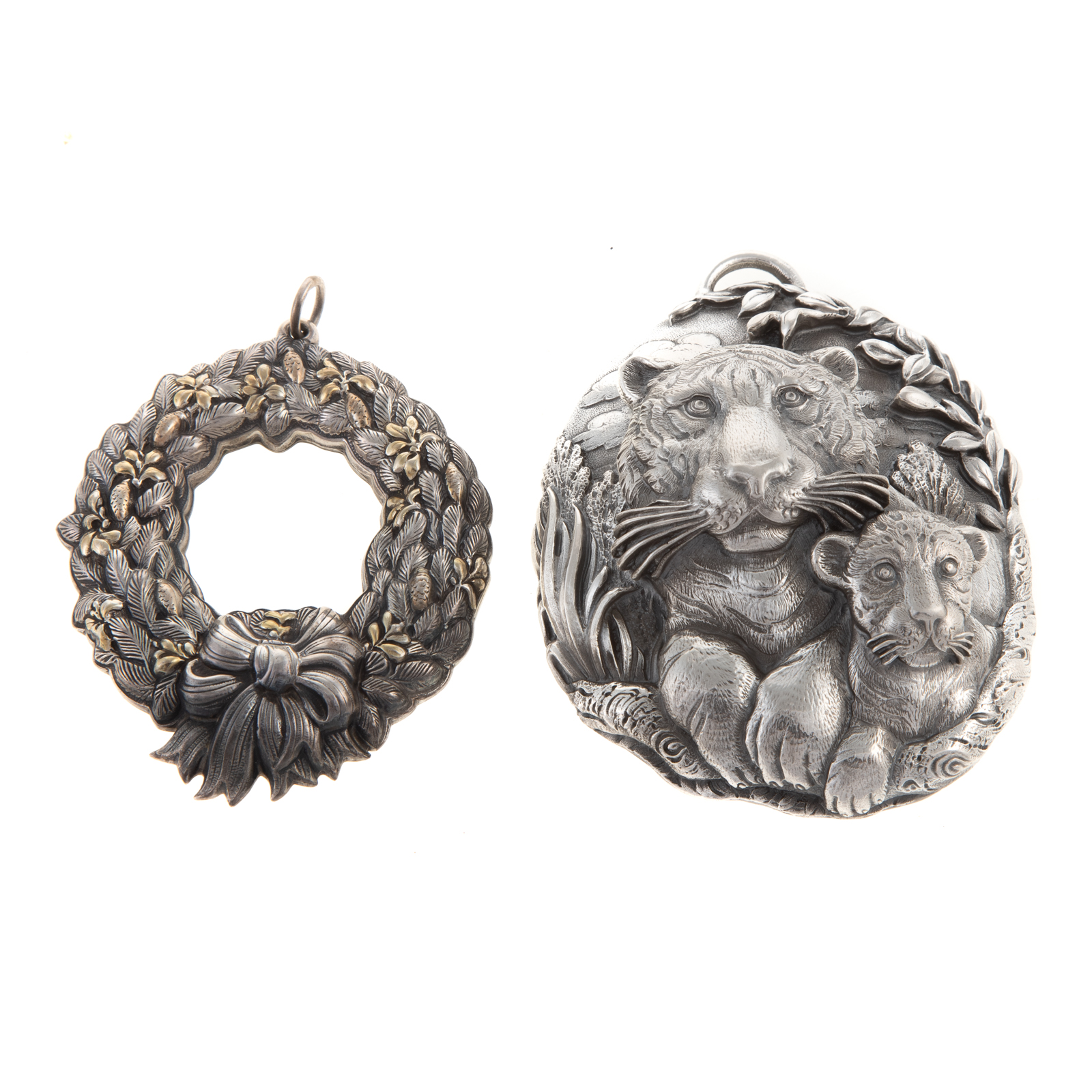 Appraisal: TWO BUCCELLATI STERLING CHRISTMAS ORNAMENTS Including a wreath with gilt