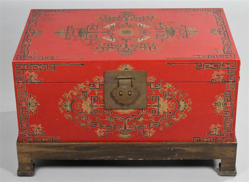 Appraisal: CHINESE PAINTED LEATHER TRUNK ON WOOD STAND MODERN of rectangular