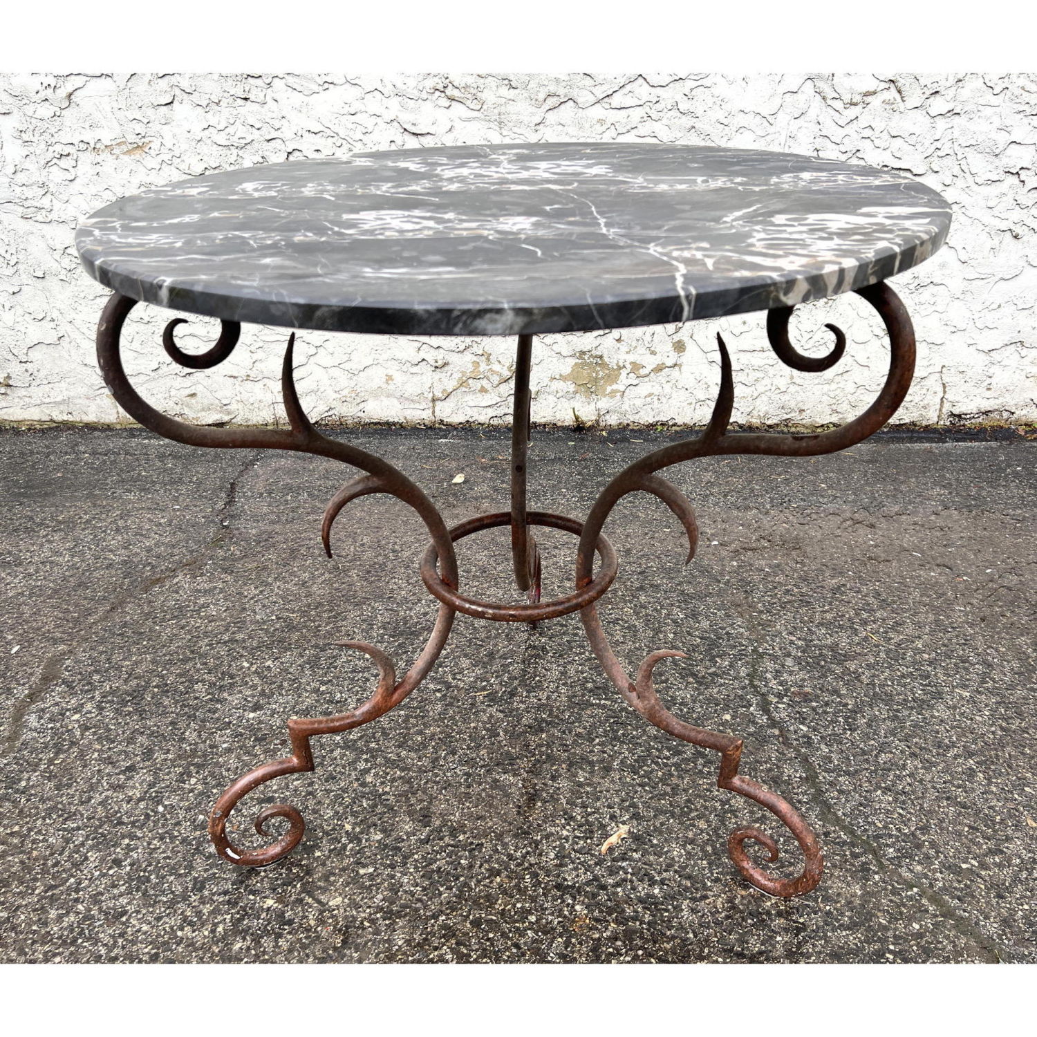 Appraisal: French Style Iron Thorns Cafe Table with Marble Top Dimensions