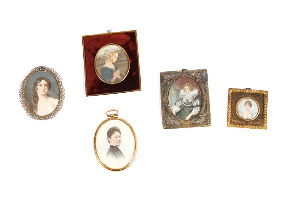 Appraisal: A group of five miniature framed portraits th century height