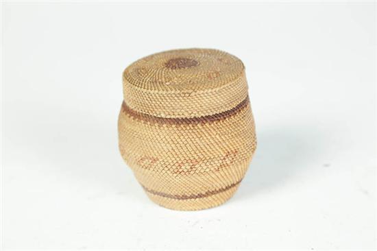 Appraisal: AMERICAN INDIAN LIDDED BASKET American ca Finely woven ovoid form