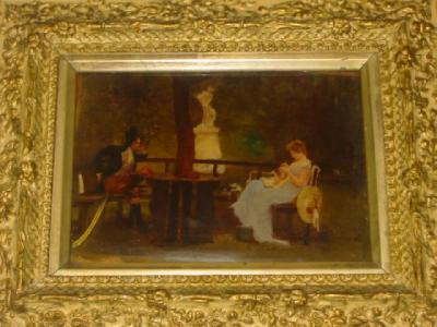 Appraisal: A CHRYSTOLEUM the convex glass depicting a couple seated in