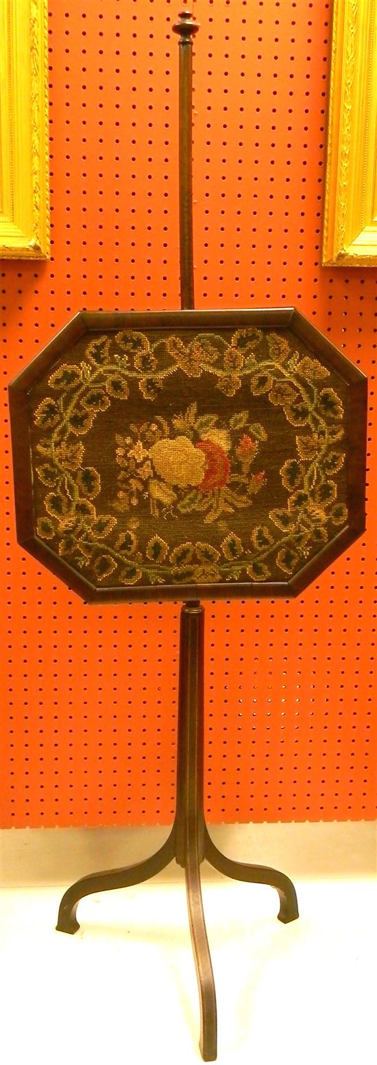 Appraisal: Adjustable fire screen floral needlepoint panel tripod base string inlay