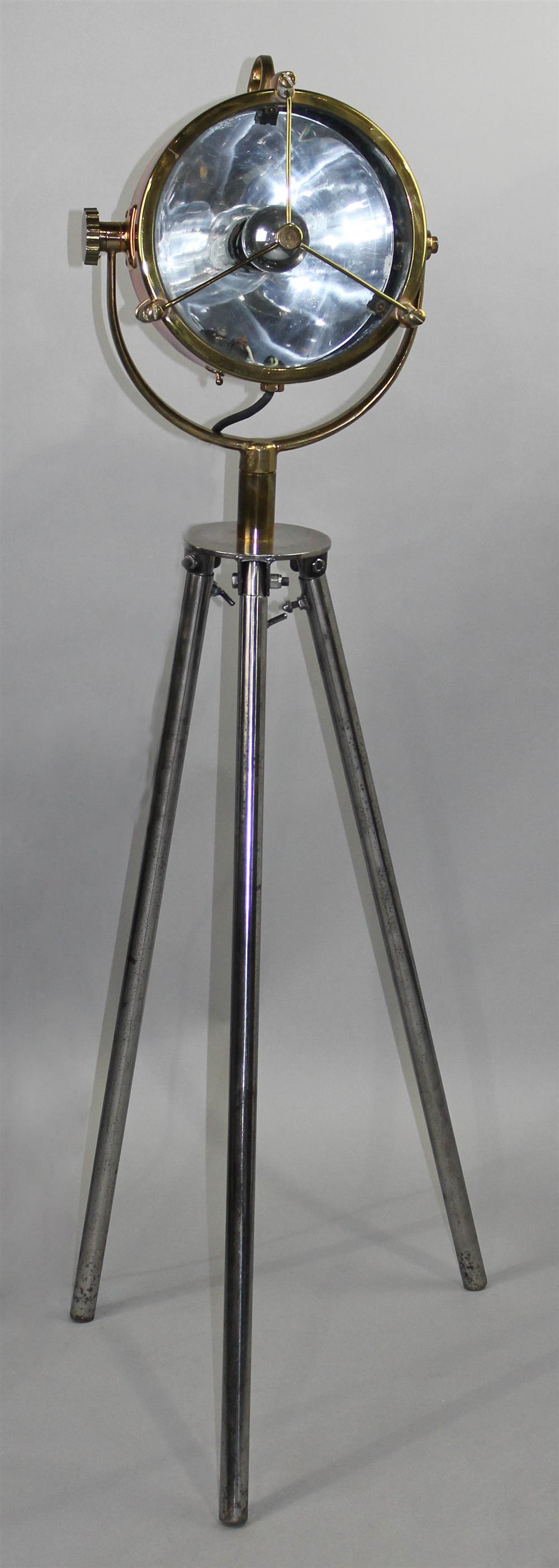 Appraisal: FRANCIS BRASS SEARCHLIGHT ON ADJUSTABLE TRIPOD STAND ELECTRIFIED ESTATE OF