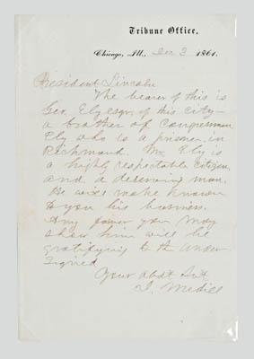 Appraisal: Joseph Medill letter to Lincoln -line autograph letter on Tribune