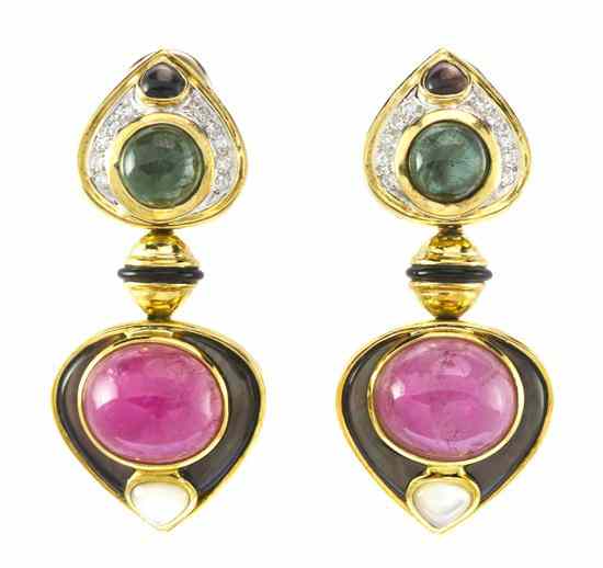 Appraisal: A Pair of Karat Yellow Gold Tourmaline Mother-of-Pearl and Diamond