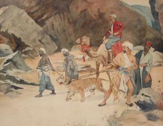 Appraisal: Antique Signed Orientalist Tiger Hunt Watercolor Antique Signed and dated