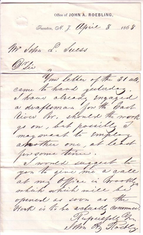 Appraisal: ROEBLING JOHN A Autograph Letter Signed John A Roebl'g to