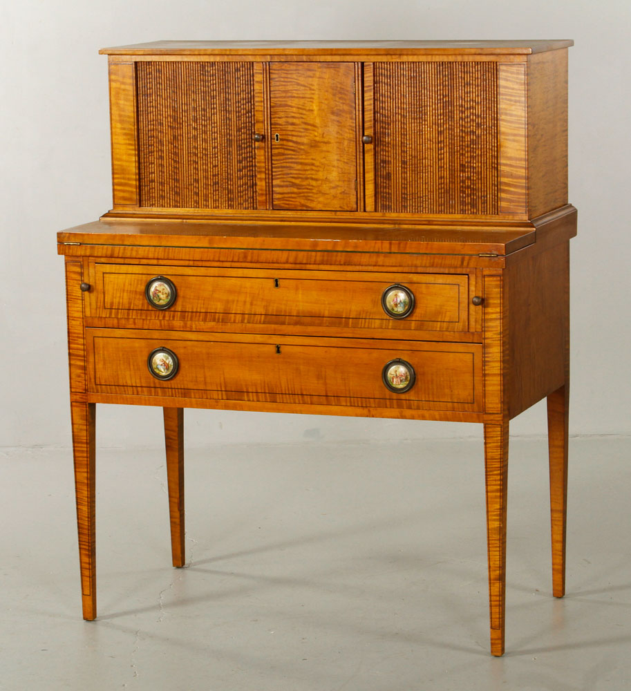 Appraisal: - Federal Satinwood Tambour Chest Federal two-piece tambour chest satinwood