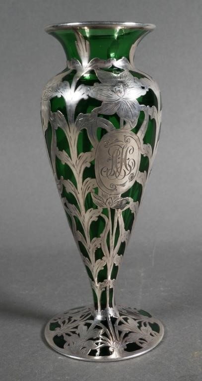 Appraisal: Art nouveau silver overlay on green glass vase possibly Loetz