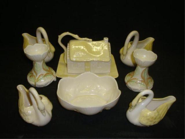 Appraisal: BELLEEK Lot of 'Swan' Porcelains swans candlesticks lidded butter holder