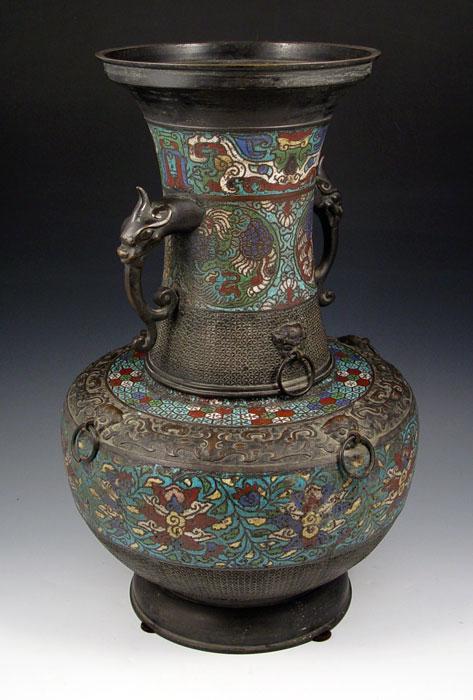 Appraisal: CHINESE CHAMPLEVE VASE With dragon head handles '' tall