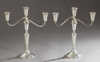 Appraisal: Pair of Weighted Sterling Three Light Candelabra th c by