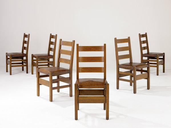 Appraisal: GUSTAV STICKLEY Set of six dining ladderback chairs no with