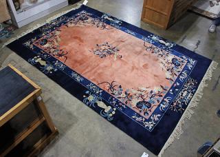 Appraisal: Art Deco style Chinese rug blue and coral with auspicious