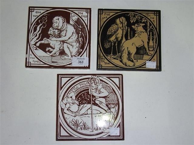 Appraisal: THREE MINTON TILES brown monochrome fables