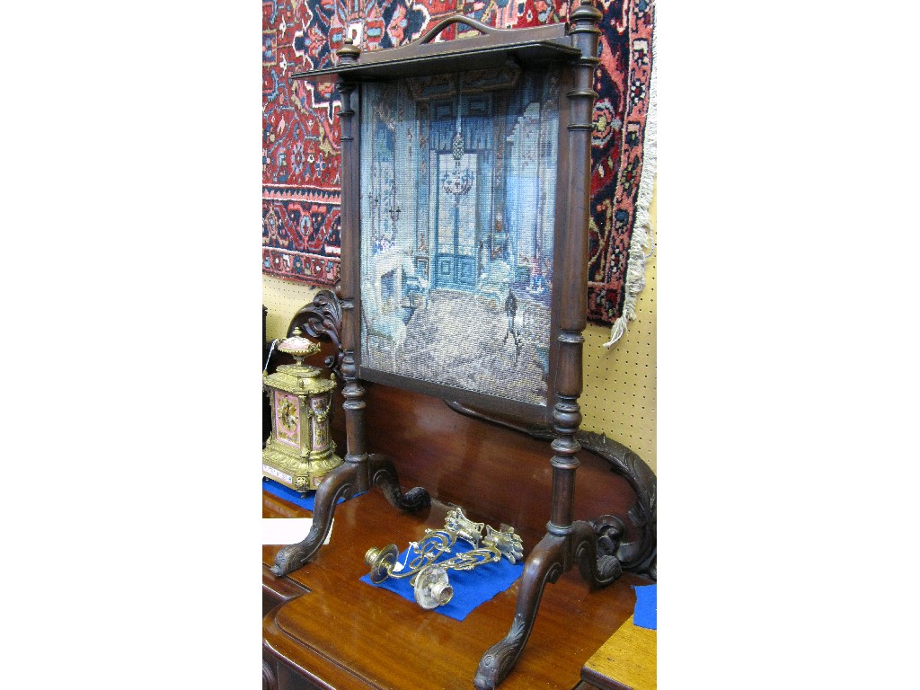 Appraisal: Mahogany framed tapestry firescreen on turned and carved supports